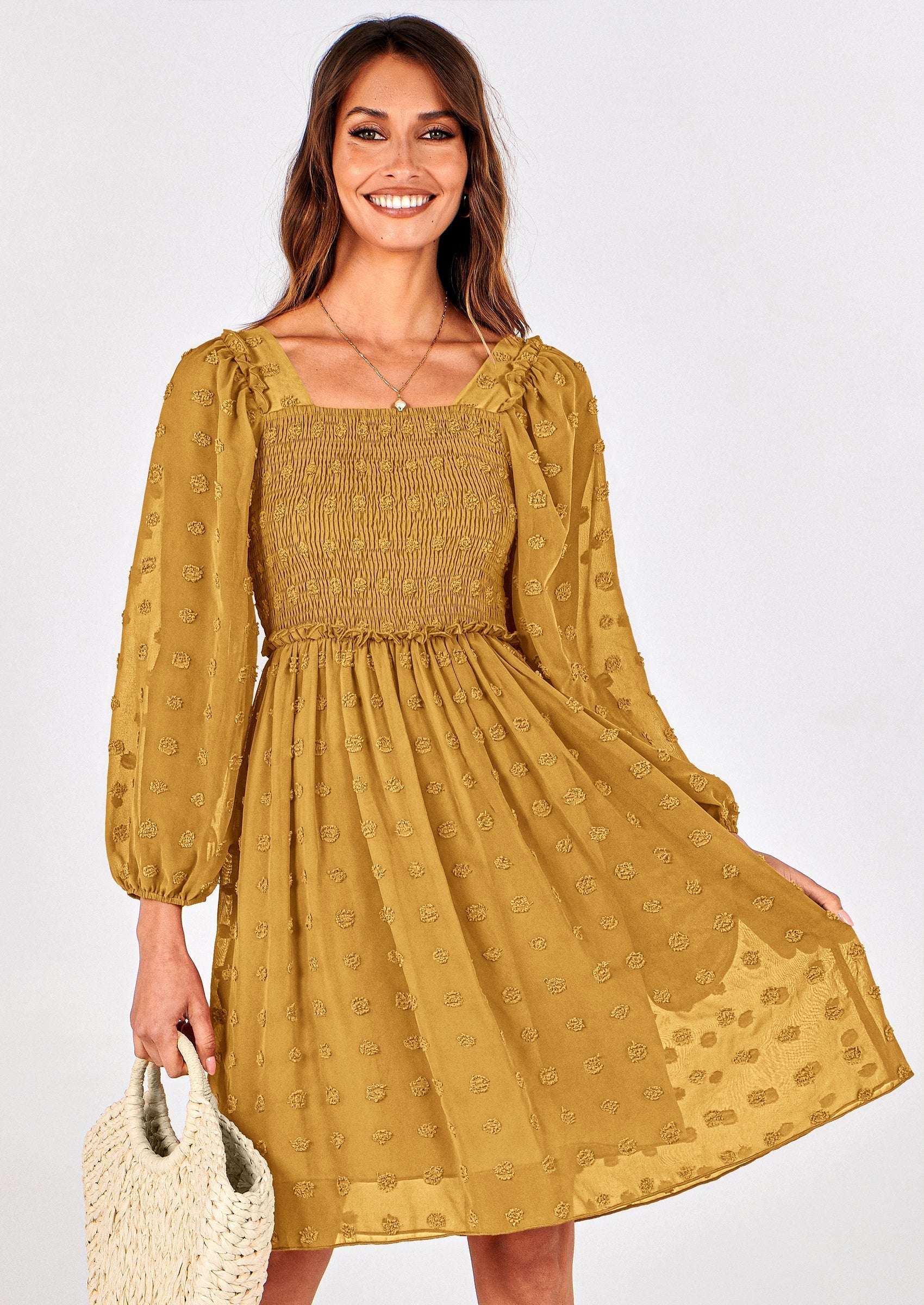 BTFBM Womens Long Sleeve Dress Vacation Square Neck Smocked Floral Swiss Dot Mini Boho Spring Wedding Guest Dresses