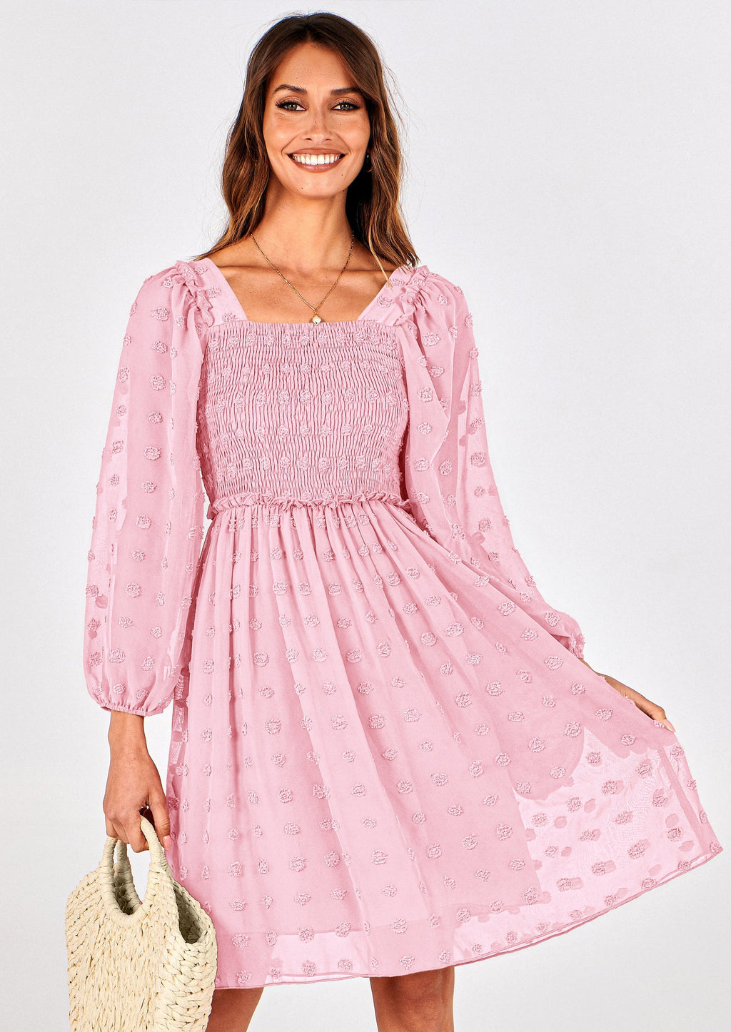 BTFBM Womens Long Sleeve Dress Vacation Square Neck Smocked Floral Swiss Dot Mini Boho Spring Wedding Guest Dresses