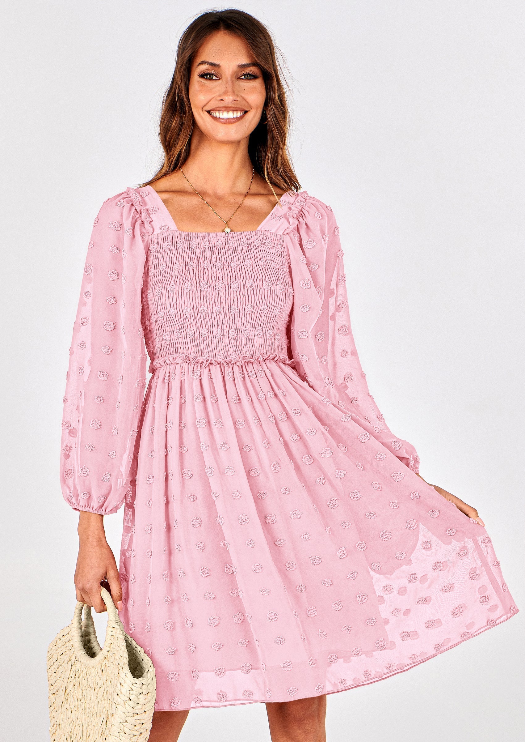 BTFBM Womens Long Sleeve Dress Vacation Square Neck Smocked Floral Swiss Dot Mini Boho Spring Wedding Guest Dresses