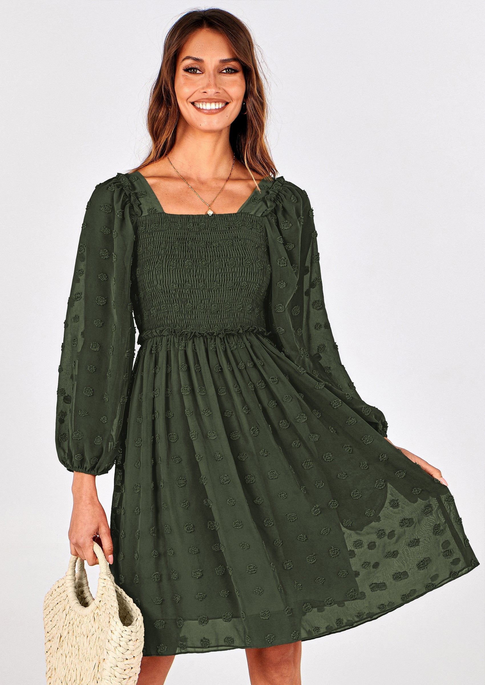 BTFBM Womens Long Sleeve Dress Vacation Square Neck Smocked Floral Swiss Dot Mini Boho Spring Wedding Guest Dresses