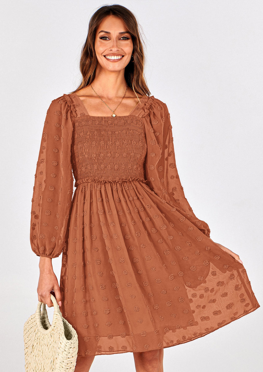 BTFBM Womens Long Sleeve Dress Vacation Square Neck Smocked Floral Swiss Dot Mini Boho Spring Wedding Guest Dresses