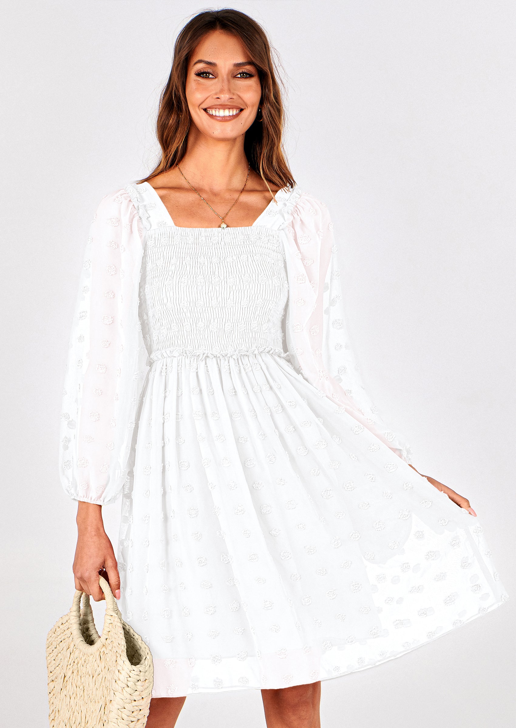 BTFBM Womens Long Sleeve Dress Vacation Square Neck Smocked Floral Swiss Dot Mini Boho Spring Wedding Guest Dresses
