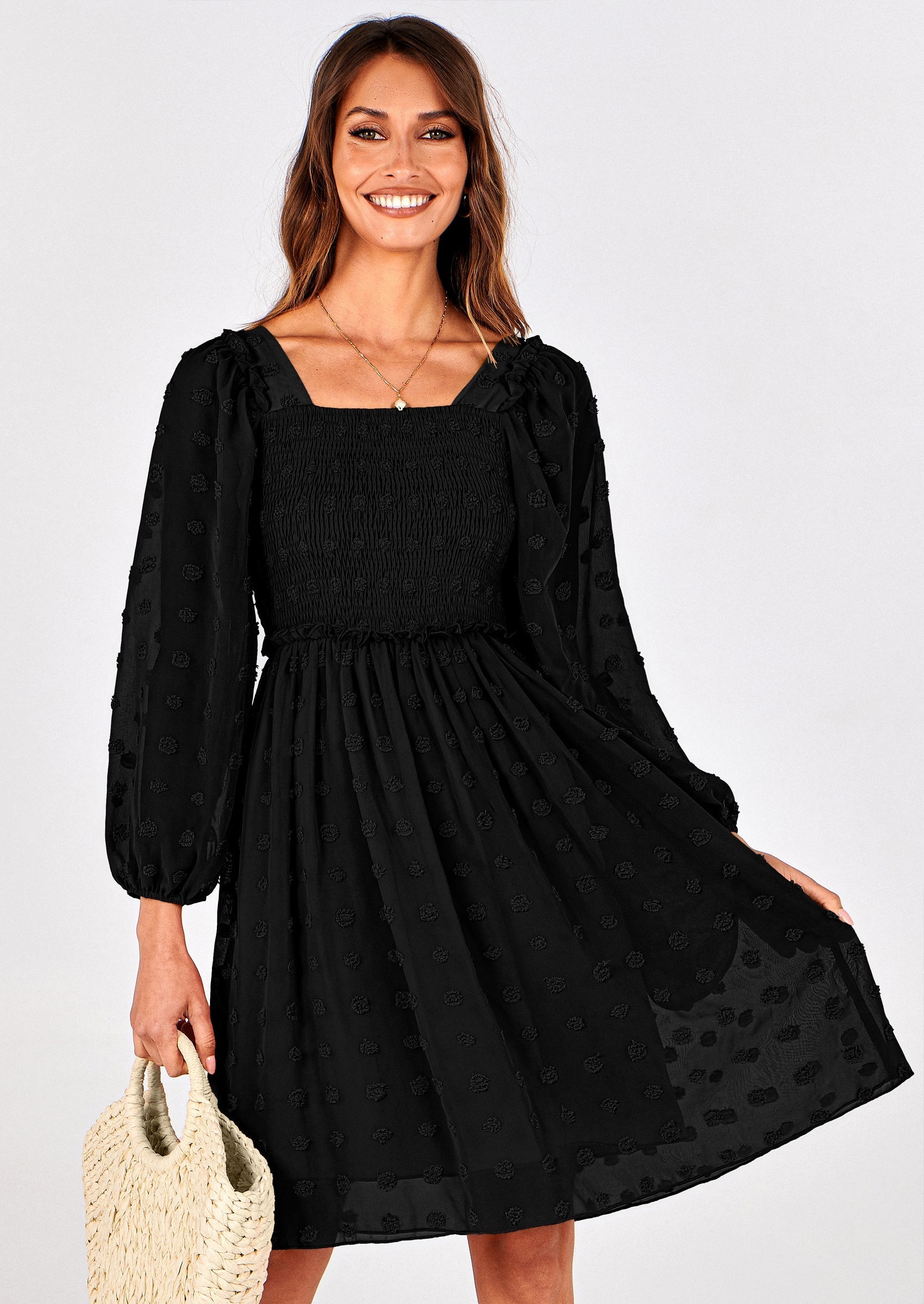 BTFBM Womens Long Sleeve Dress Vacation Square Neck Smocked Floral Swiss Dot Mini Boho Spring Wedding Guest Dresses