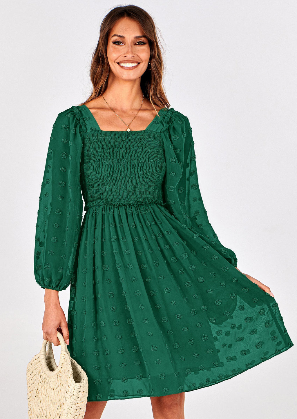 BTFBM Womens Long Sleeve Dress Vacation Square Neck Smocked Floral Swiss Dot Mini Boho Spring Wedding Guest Dresses