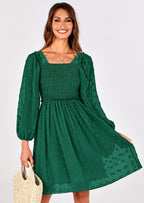 BTFBM Womens Long Sleeve Dress Vacation Square Neck Smocked Floral Swiss Dot Mini Boho Spring Wedding Guest Dresses