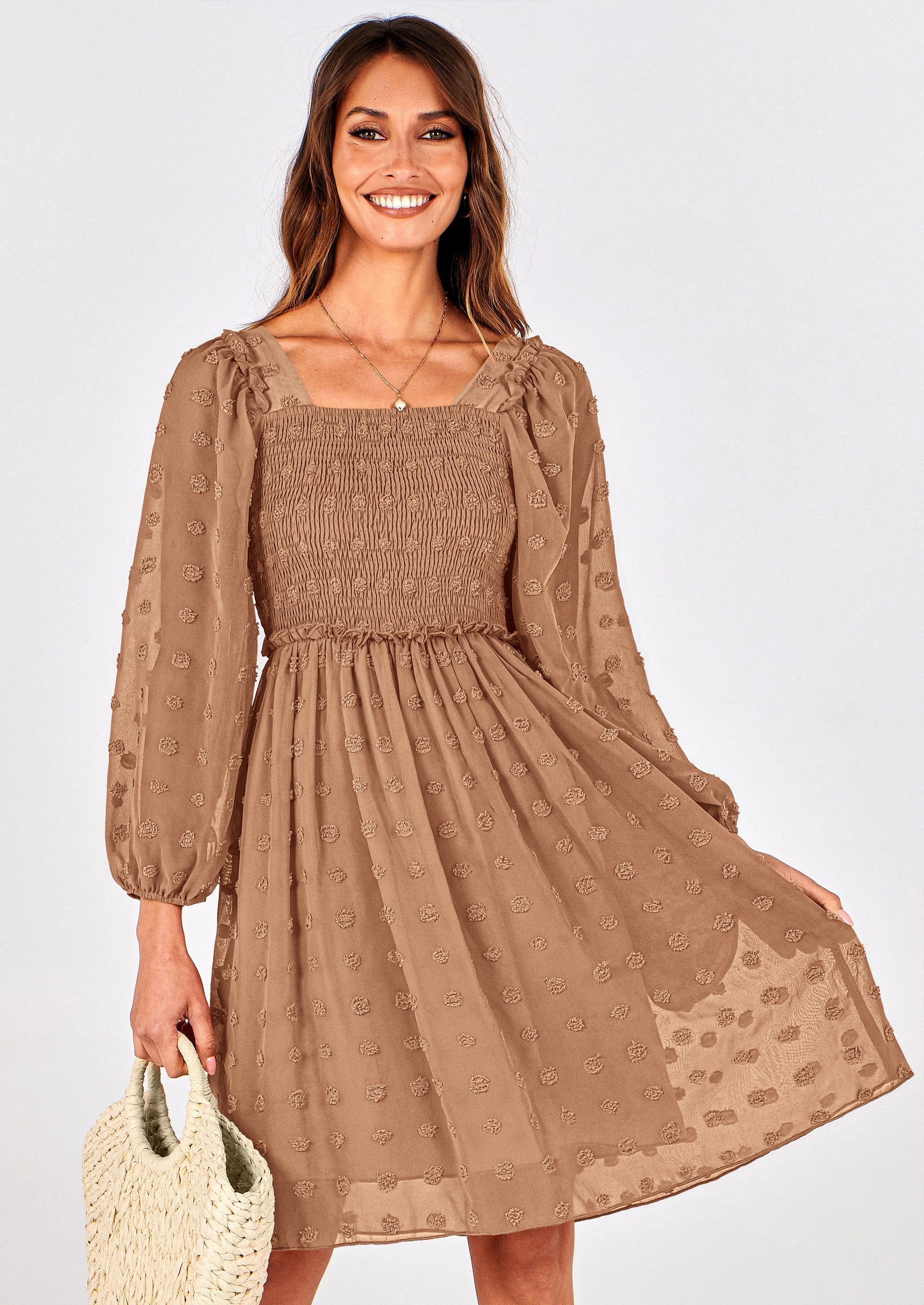 BTFBM Womens Long Sleeve Dress Vacation Square Neck Smocked Floral Swiss Dot Mini Boho Spring Wedding Guest Dresses