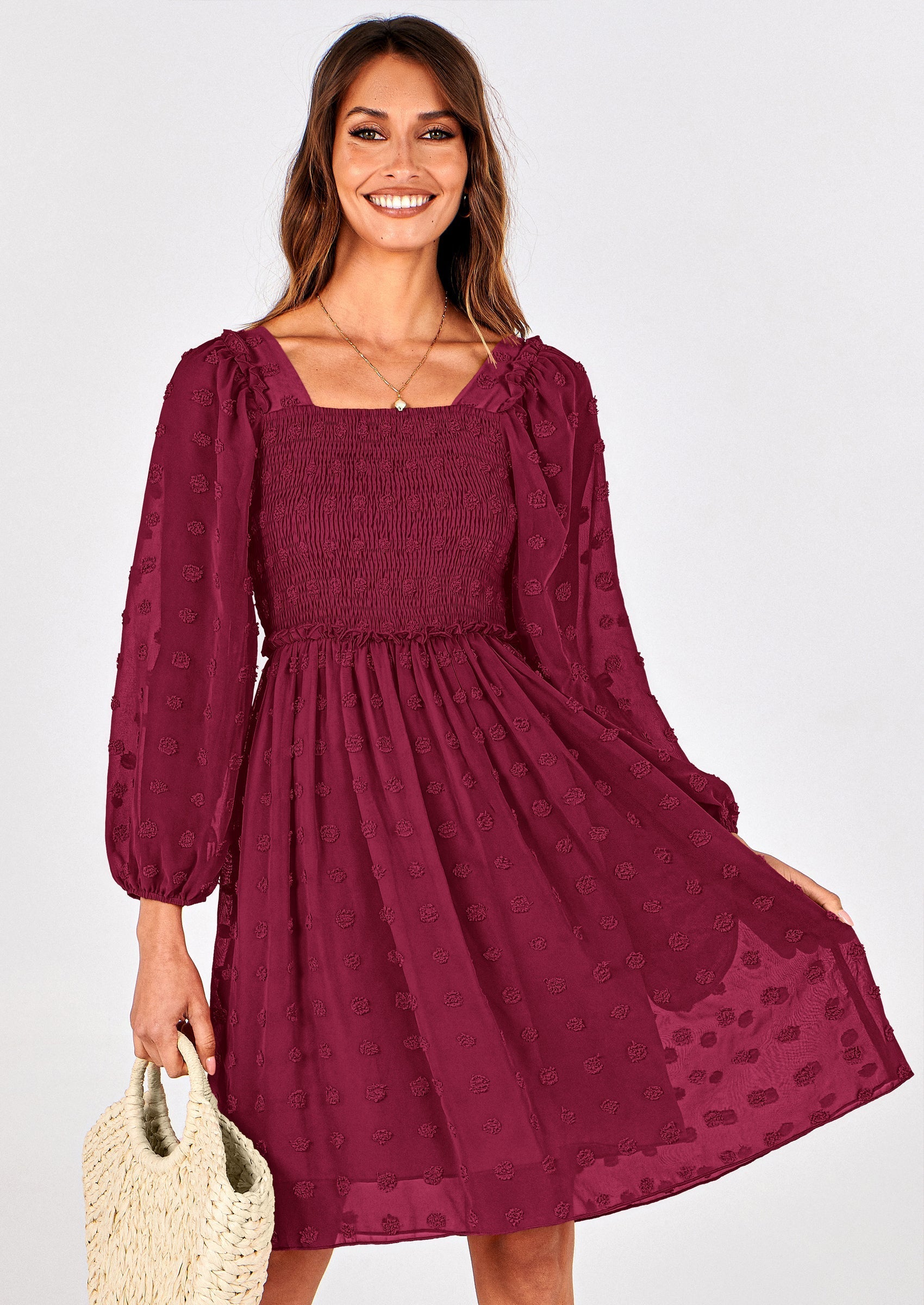 BTFBM Womens Long Sleeve Dress Vacation Square Neck Smocked Floral Swiss Dot Mini Boho Spring Wedding Guest Dresses