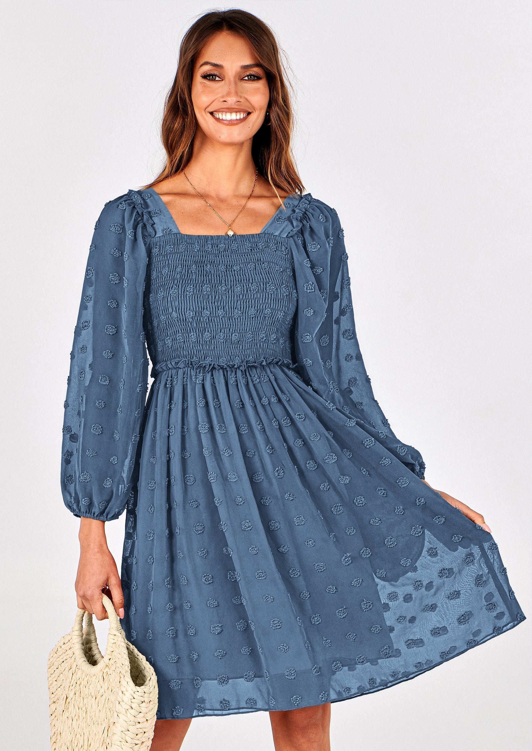 BTFBM Womens Long Sleeve Dress Vacation Square Neck Smocked Floral Swiss Dot Mini Boho Spring Wedding Guest Dresses