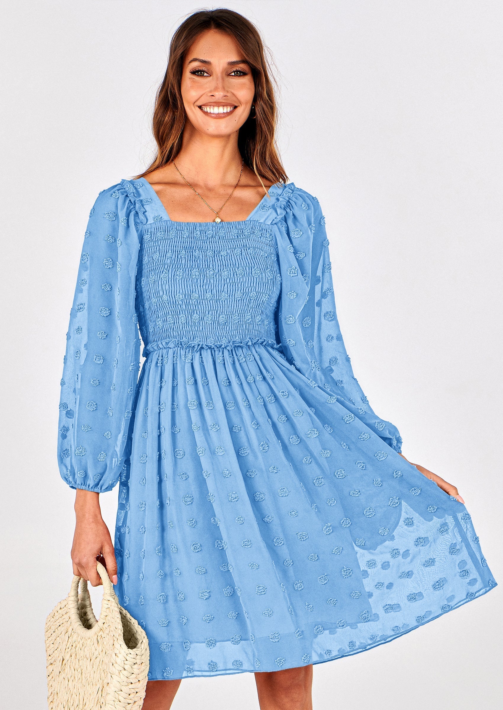 BTFBM Womens Long Sleeve Dress Vacation Square Neck Smocked Floral Swiss Dot Mini Boho Spring Wedding Guest Dresses