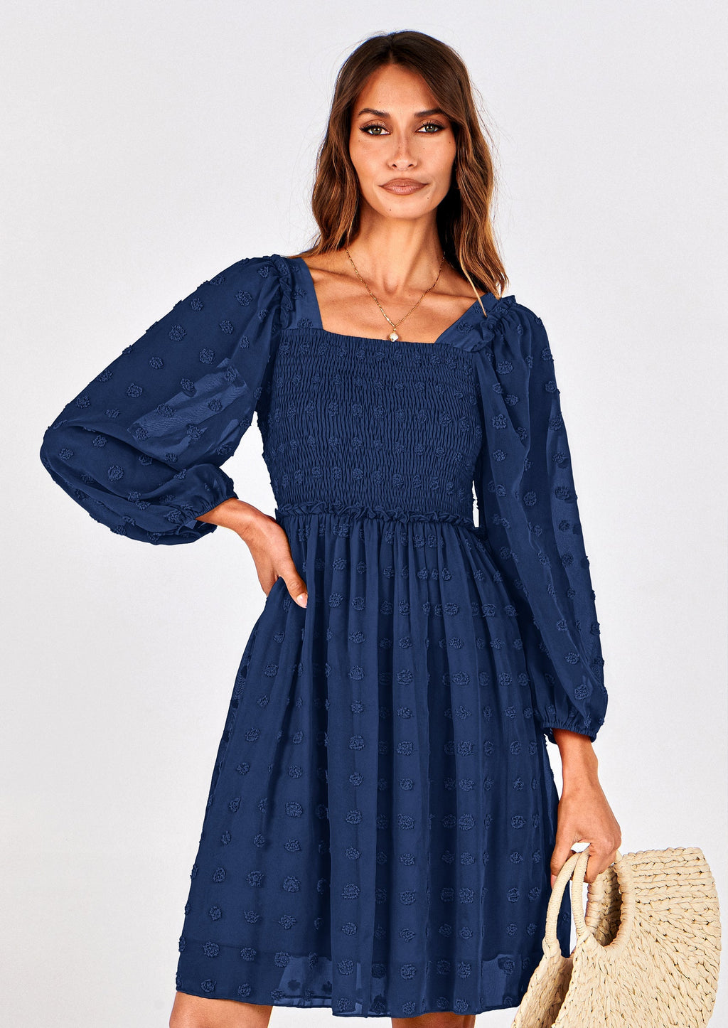 BTFBM Womens Long Sleeve Dress Vacation Square Neck Smocked Floral Swiss Dot Mini Boho Spring Wedding Guest Dresses