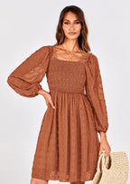 BTFBM Womens Long Sleeve Dress Vacation Square Neck Smocked Floral Swiss Dot Mini Boho Spring Wedding Guest Dresses
