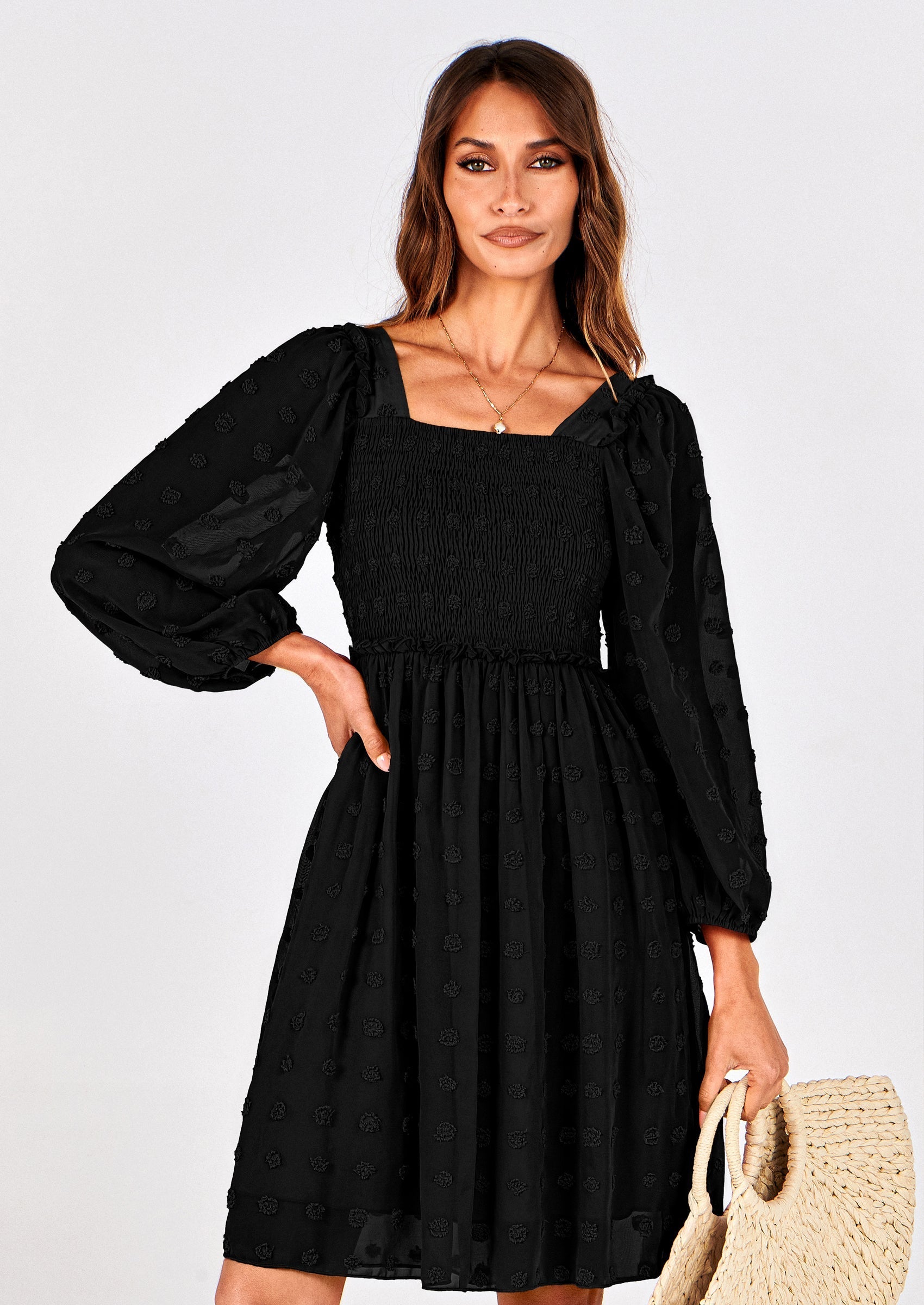 BTFBM Womens Long Sleeve Dress Vacation Square Neck Smocked Floral Swiss Dot Mini Boho Spring Wedding Guest Dresses