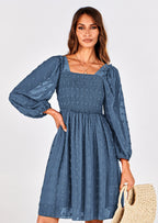 BTFBM Womens Long Sleeve Dress Vacation Square Neck Smocked Floral Swiss Dot Mini Boho Spring Wedding Guest Dresses