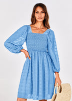 BTFBM Womens Long Sleeve Dress Vacation Square Neck Smocked Floral Swiss Dot Mini Boho Spring Wedding Guest Dresses