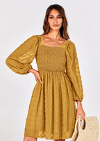 BTFBM Womens Long Sleeve Dress Vacation Square Neck Smocked Floral Swiss Dot Mini Boho Spring Wedding Guest Dresses