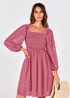 BTFBM Womens Long Sleeve Dress Vacation Square Neck Smocked Floral Swiss Dot Mini Boho Spring Wedding Guest Dresses