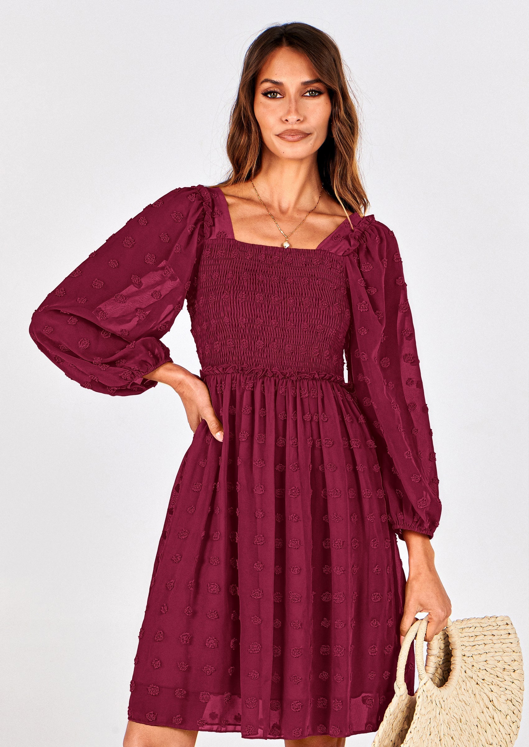 BTFBM Womens Long Sleeve Dress Vacation Square Neck Smocked Floral Swiss Dot Mini Boho Spring Wedding Guest Dresses