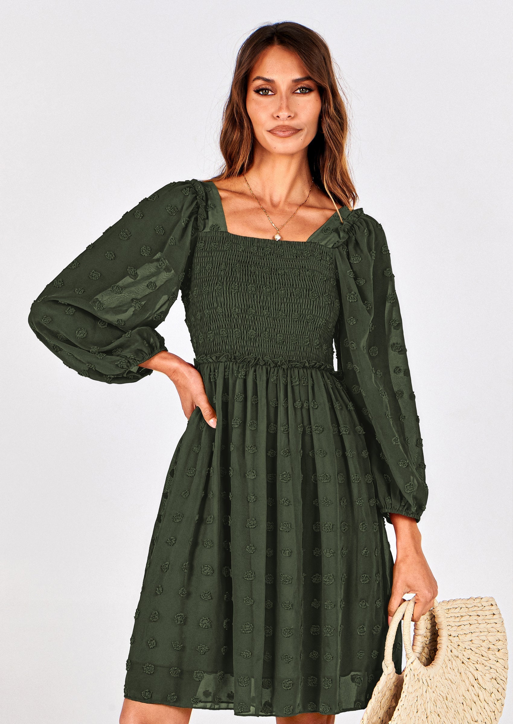 BTFBM Womens Long Sleeve Dress Vacation Square Neck Smocked Floral Swiss Dot Mini Boho Spring Wedding Guest Dresses