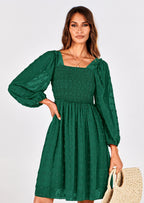 BTFBM Womens Long Sleeve Dress Vacation Square Neck Smocked Floral Swiss Dot Mini Boho Spring Wedding Guest Dresses