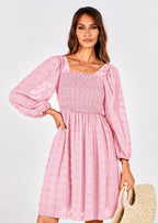 BTFBM Womens Long Sleeve Dress Vacation Square Neck Smocked Floral Swiss Dot Mini Boho Spring Wedding Guest Dresses