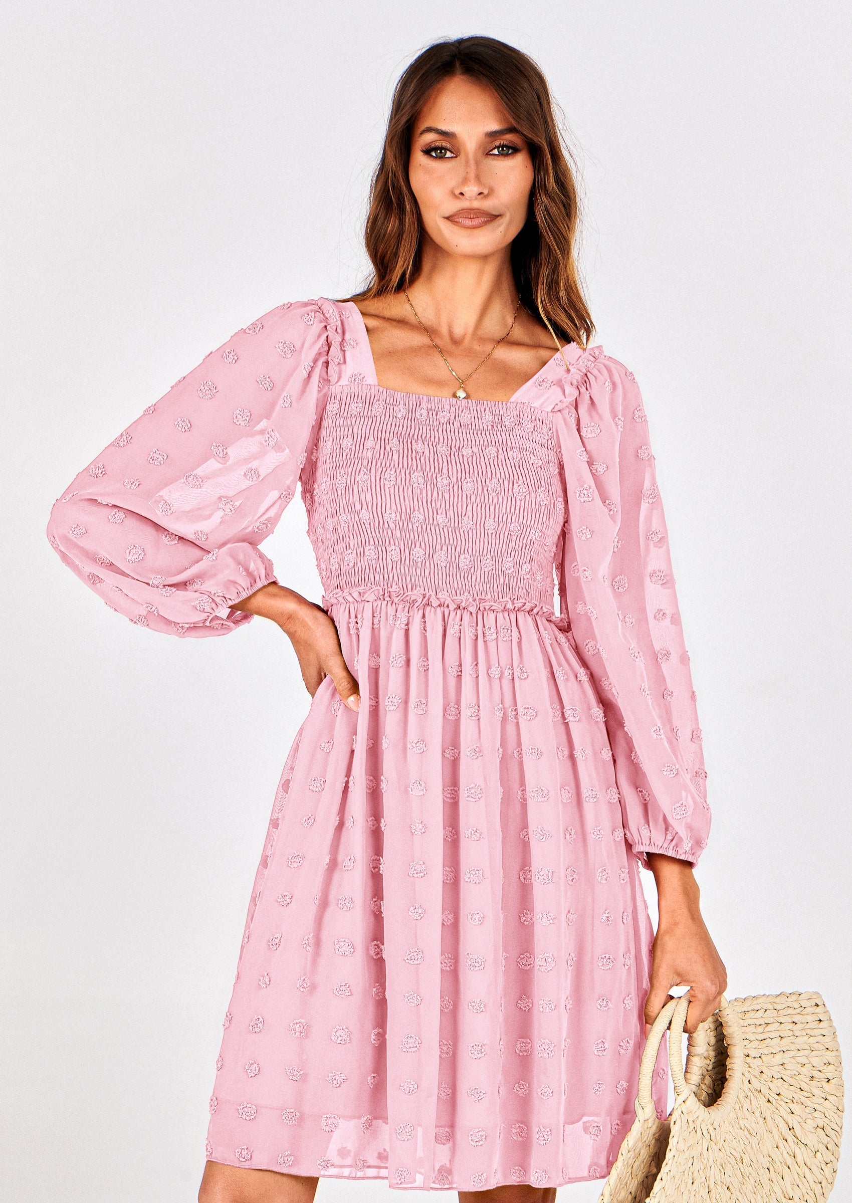 BTFBM Womens Long Sleeve Dress Vacation Square Neck Smocked Floral Swiss Dot Mini Boho Spring Wedding Guest Dresses