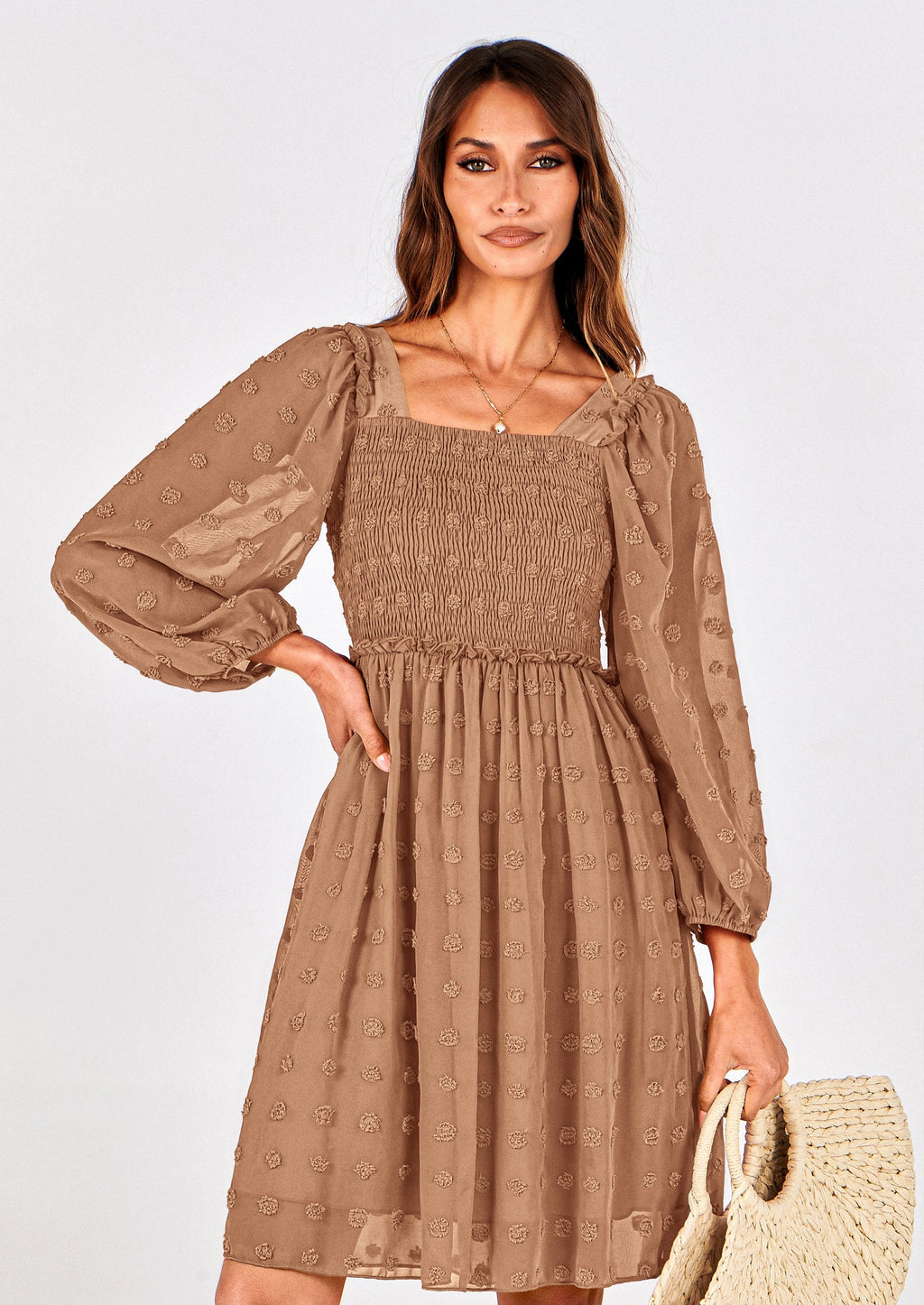 BTFBM Womens Long Sleeve Dress Vacation Square Neck Smocked Floral Swiss Dot Mini Boho Spring Wedding Guest Dresses