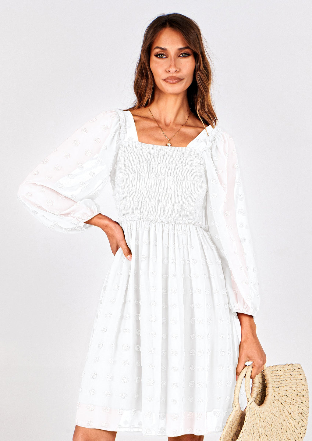 BTFBM Womens Long Sleeve Dress Vacation Square Neck Smocked Floral Swiss Dot Mini Boho Spring Wedding Guest Dresses