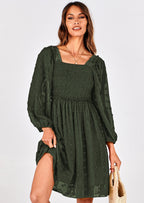 BTFBM Womens Long Sleeve Dress Vacation Square Neck Smocked Floral Swiss Dot Mini Boho Spring Wedding Guest Dresses