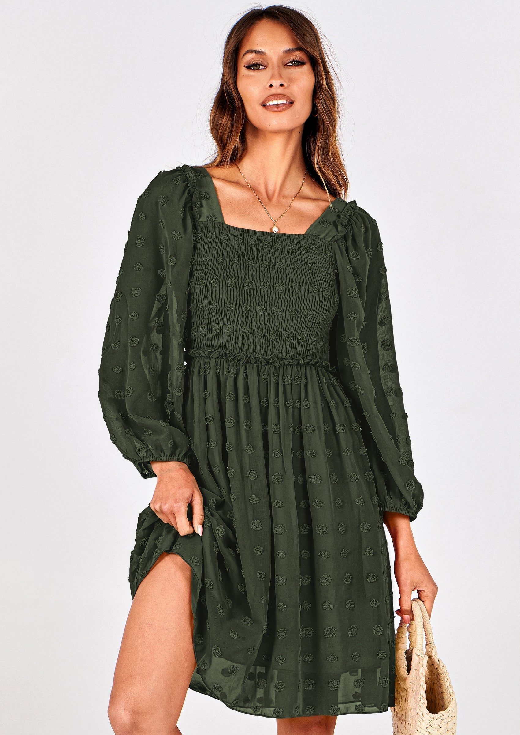 BTFBM Womens Long Sleeve Dress Vacation Square Neck Smocked Floral Swiss Dot Mini Boho Spring Wedding Guest Dresses