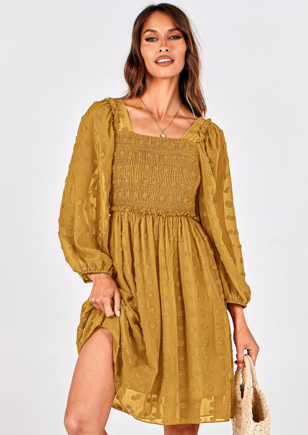 BTFBM Womens Long Sleeve Dress Vacation Square Neck Smocked Floral Swiss Dot Mini Boho Spring Wedding Guest Dresses
