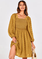 BTFBM Womens Long Sleeve Dress Vacation Square Neck Smocked Floral Swiss Dot Mini Boho Spring Wedding Guest Dresses
