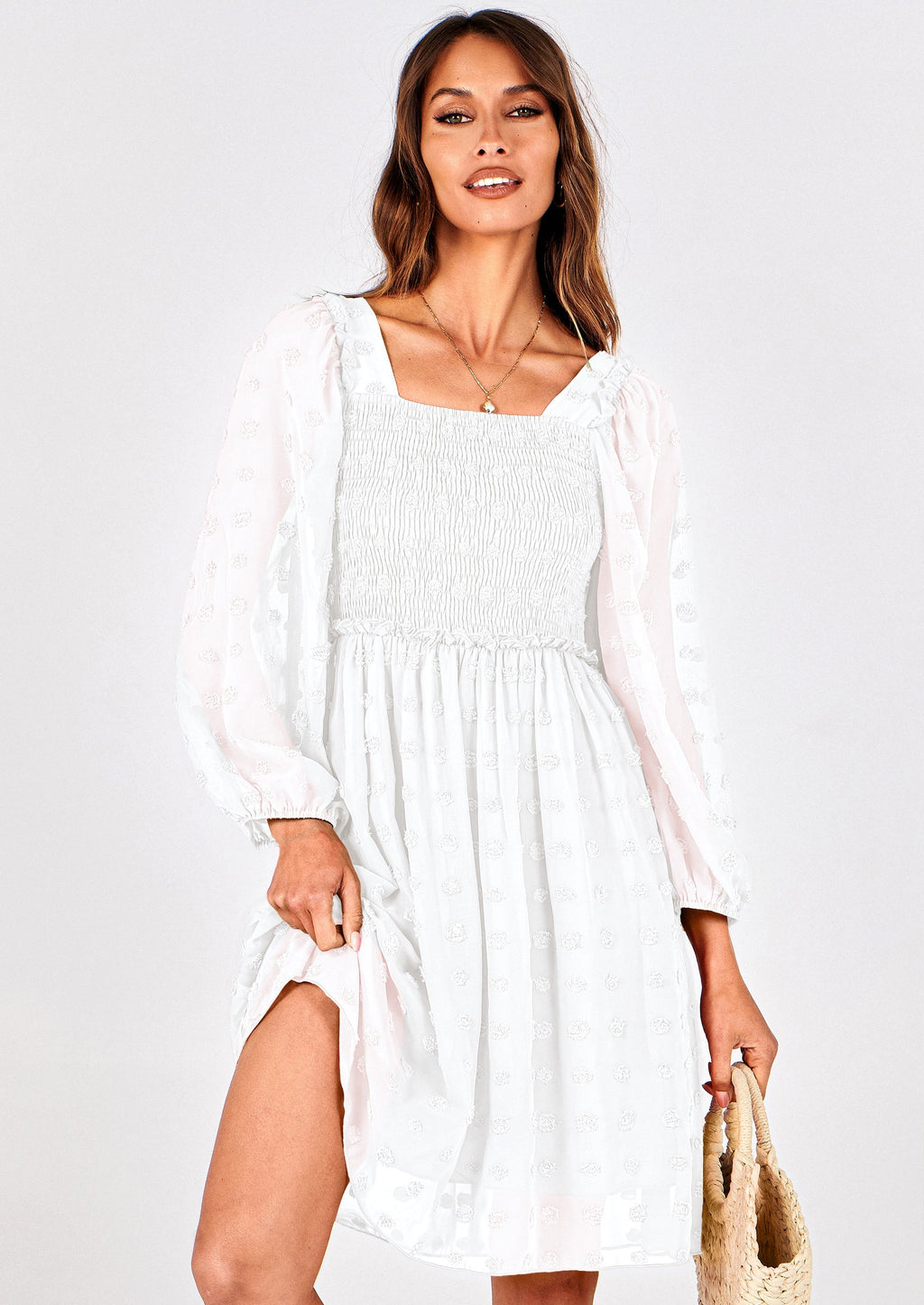 BTFBM Womens Long Sleeve Dress Vacation Square Neck Smocked Floral Swiss Dot Mini Boho Spring Wedding Guest Dresses