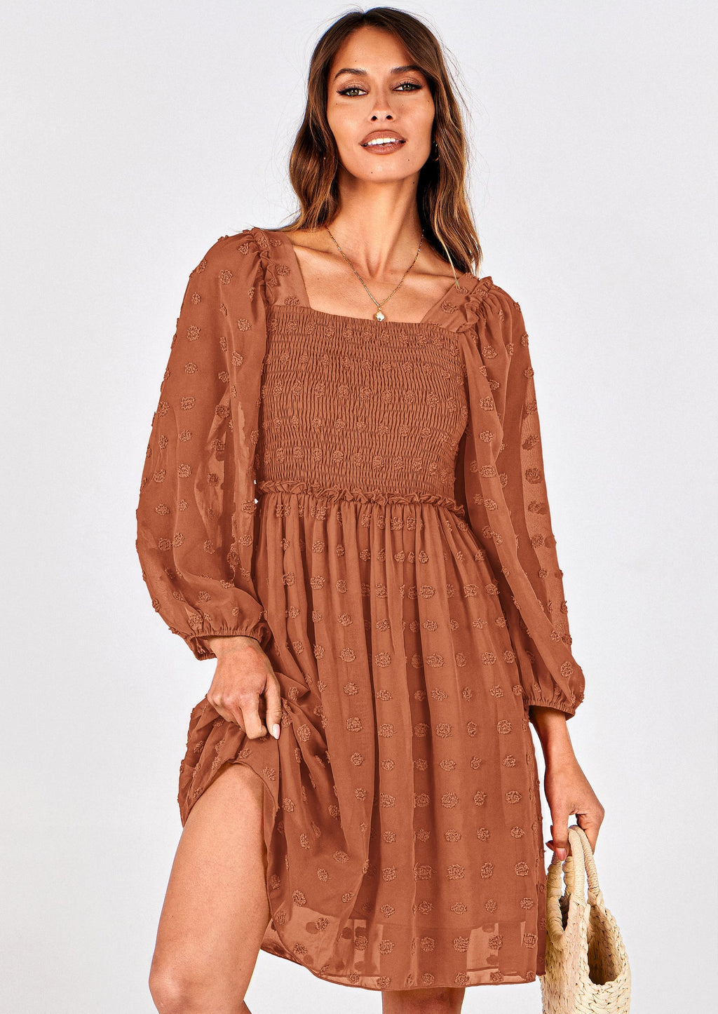 BTFBM Womens Long Sleeve Dress Vacation Square Neck Smocked Floral Swiss Dot Mini Boho Spring Wedding Guest Dresses