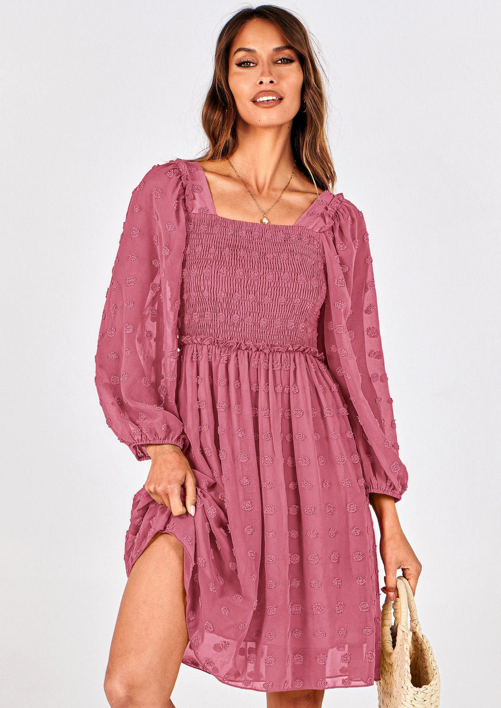 BTFBM Womens Long Sleeve Dress Vacation Square Neck Smocked Floral Swiss Dot Mini Boho Spring Wedding Guest Dresses