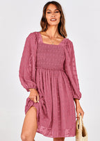 BTFBM Womens Long Sleeve Dress Vacation Square Neck Smocked Floral Swiss Dot Mini Boho Spring Wedding Guest Dresses