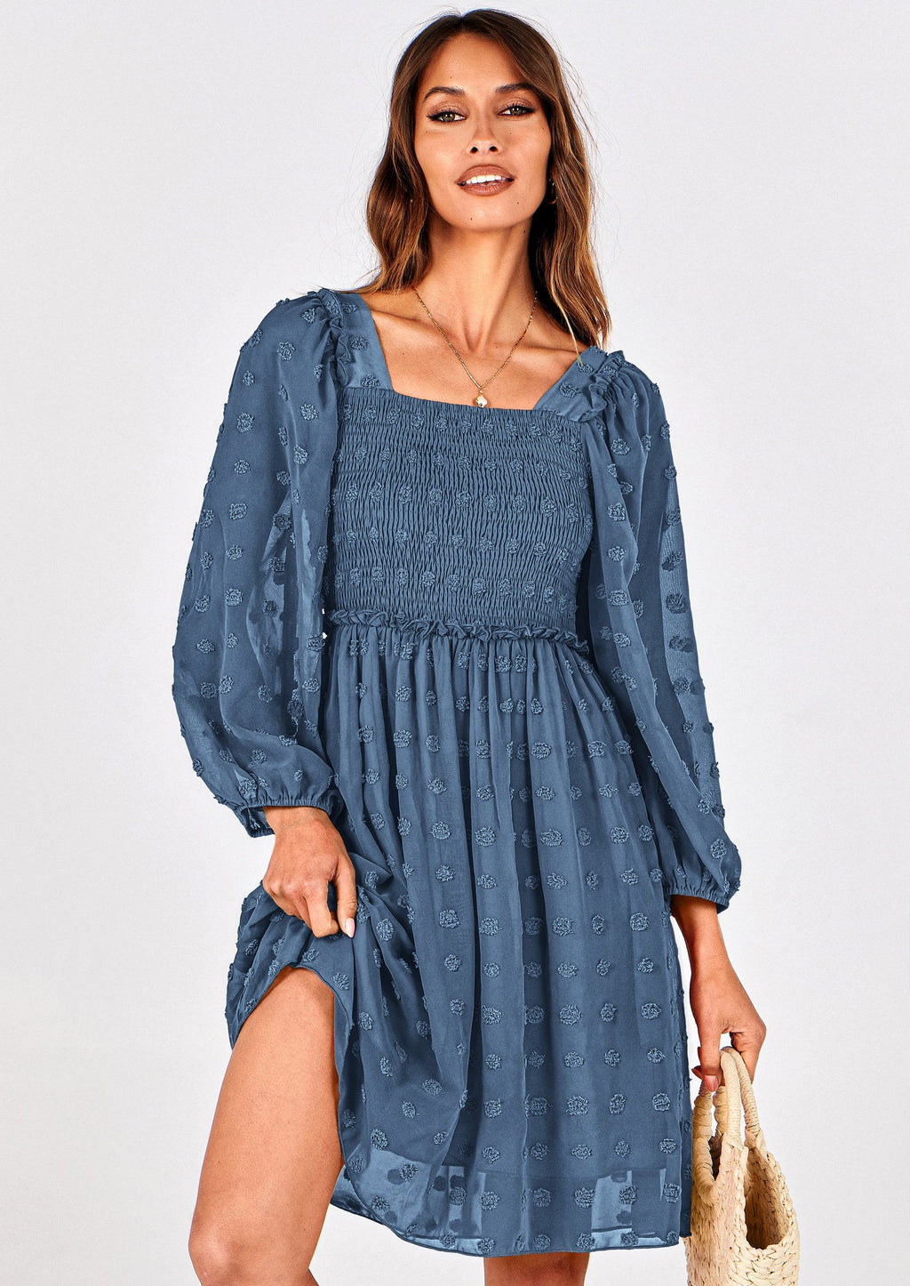 BTFBM Womens Long Sleeve Dress Vacation Square Neck Smocked Floral Swiss Dot Mini Boho Spring Wedding Guest Dresses