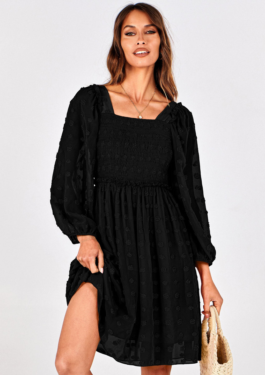 BTFBM Womens Long Sleeve Dress Vacation Square Neck Smocked Floral Swiss Dot Mini Boho Spring Wedding Guest Dresses
