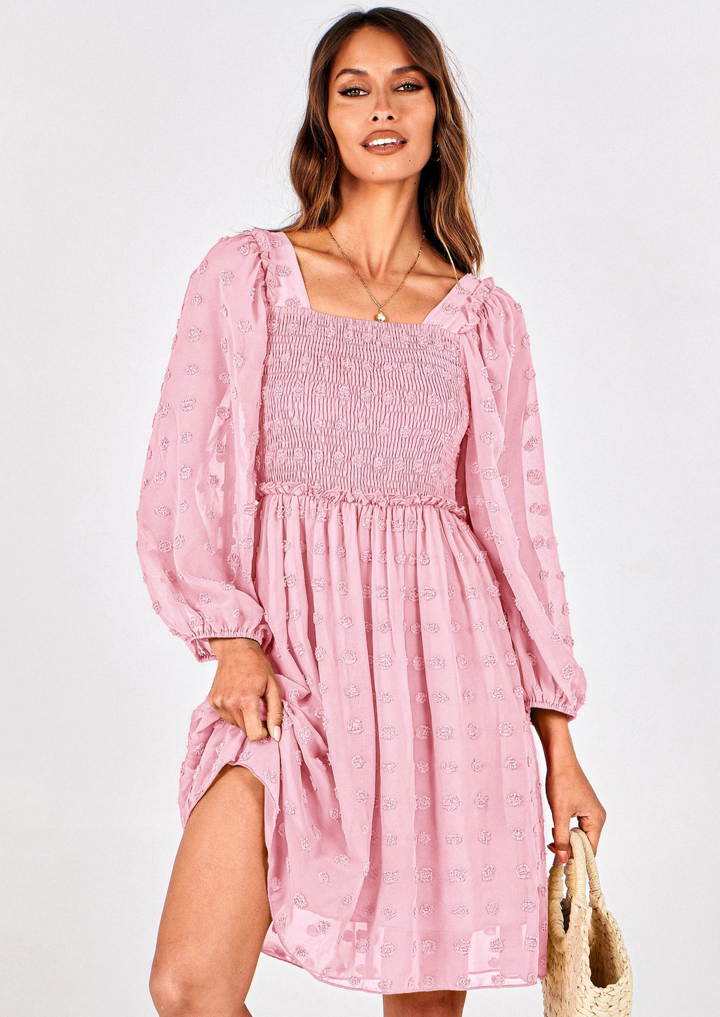 BTFBM Womens Long Sleeve Dress Vacation Square Neck Smocked Floral Swiss Dot Mini Boho Spring Wedding Guest Dresses