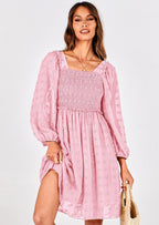 BTFBM Womens Long Sleeve Dress Vacation Square Neck Smocked Floral Swiss Dot Mini Boho Spring Wedding Guest Dresses