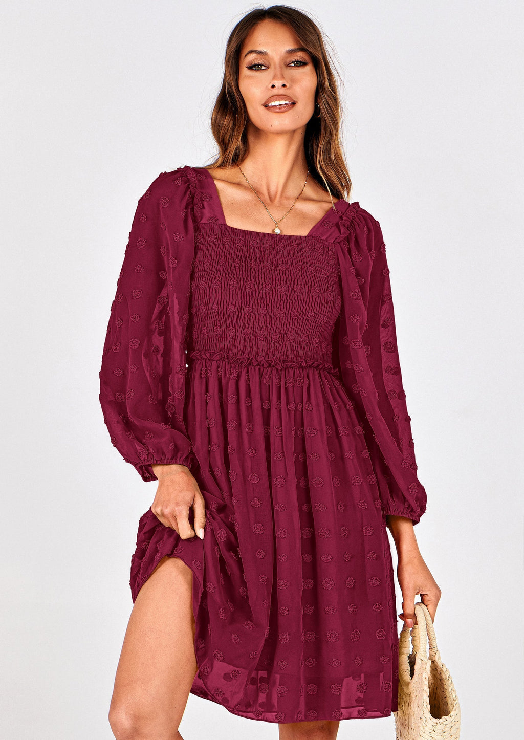BTFBM Womens Long Sleeve Dress Vacation Square Neck Smocked Floral Swiss Dot Mini Boho Spring Wedding Guest Dresses