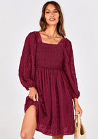 BTFBM Womens Long Sleeve Dress Vacation Square Neck Smocked Floral Swiss Dot Mini Boho Spring Wedding Guest Dresses
