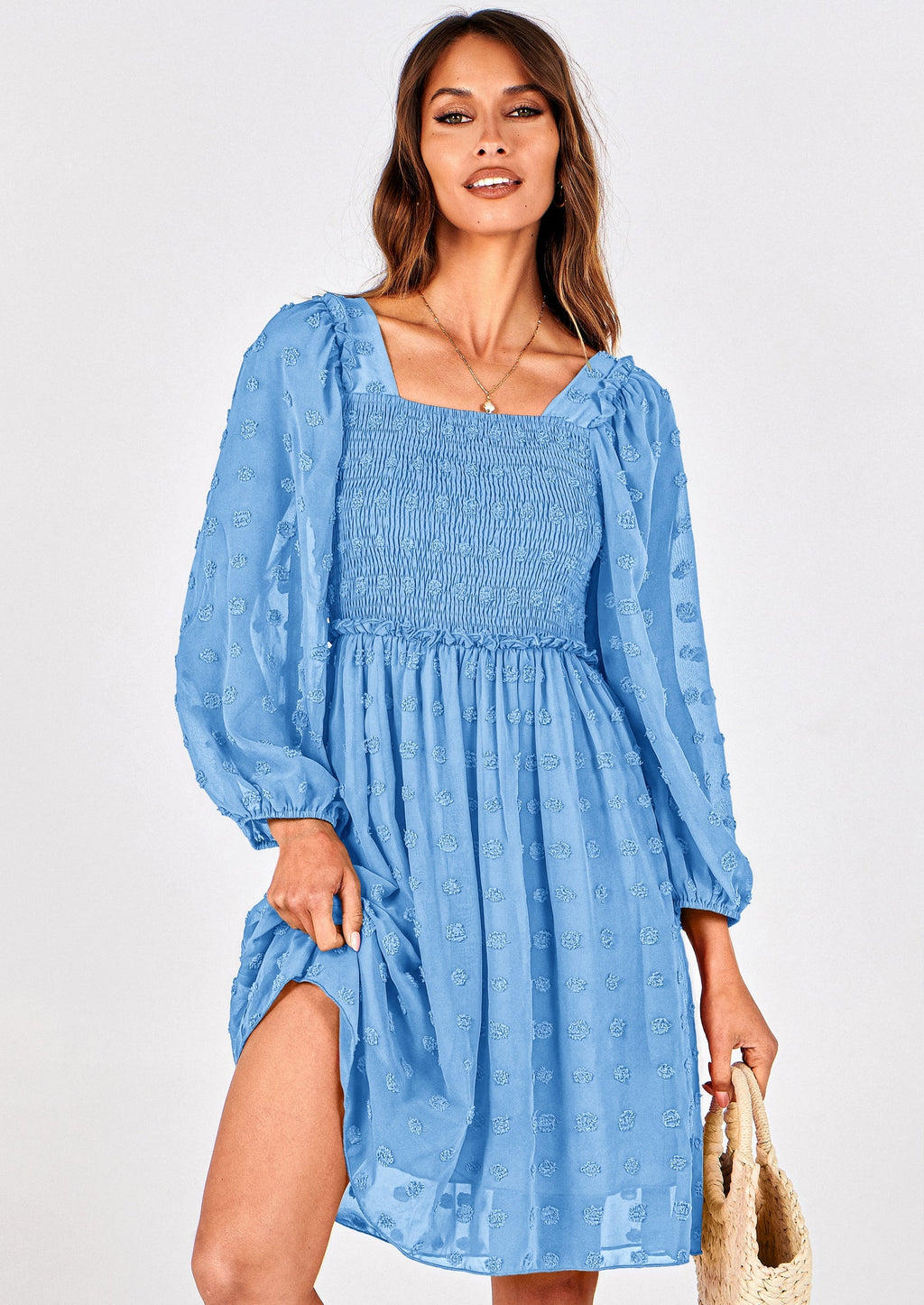BTFBM Womens Long Sleeve Dress Vacation Square Neck Smocked Floral Swiss Dot Mini Boho Spring Wedding Guest Dresses