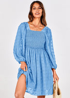 BTFBM Womens Long Sleeve Dress Vacation Square Neck Smocked Floral Swiss Dot Mini Boho Spring Wedding Guest Dresses
