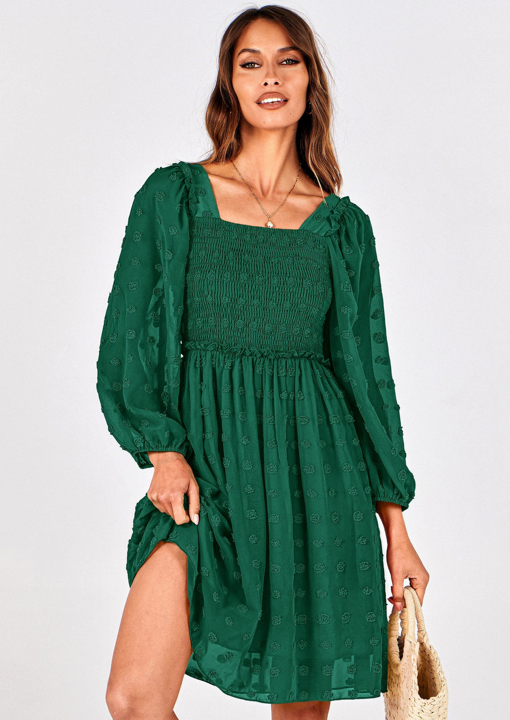 BTFBM Womens Long Sleeve Dress Vacation Square Neck Smocked Floral Swiss Dot Mini Boho Spring Wedding Guest Dresses