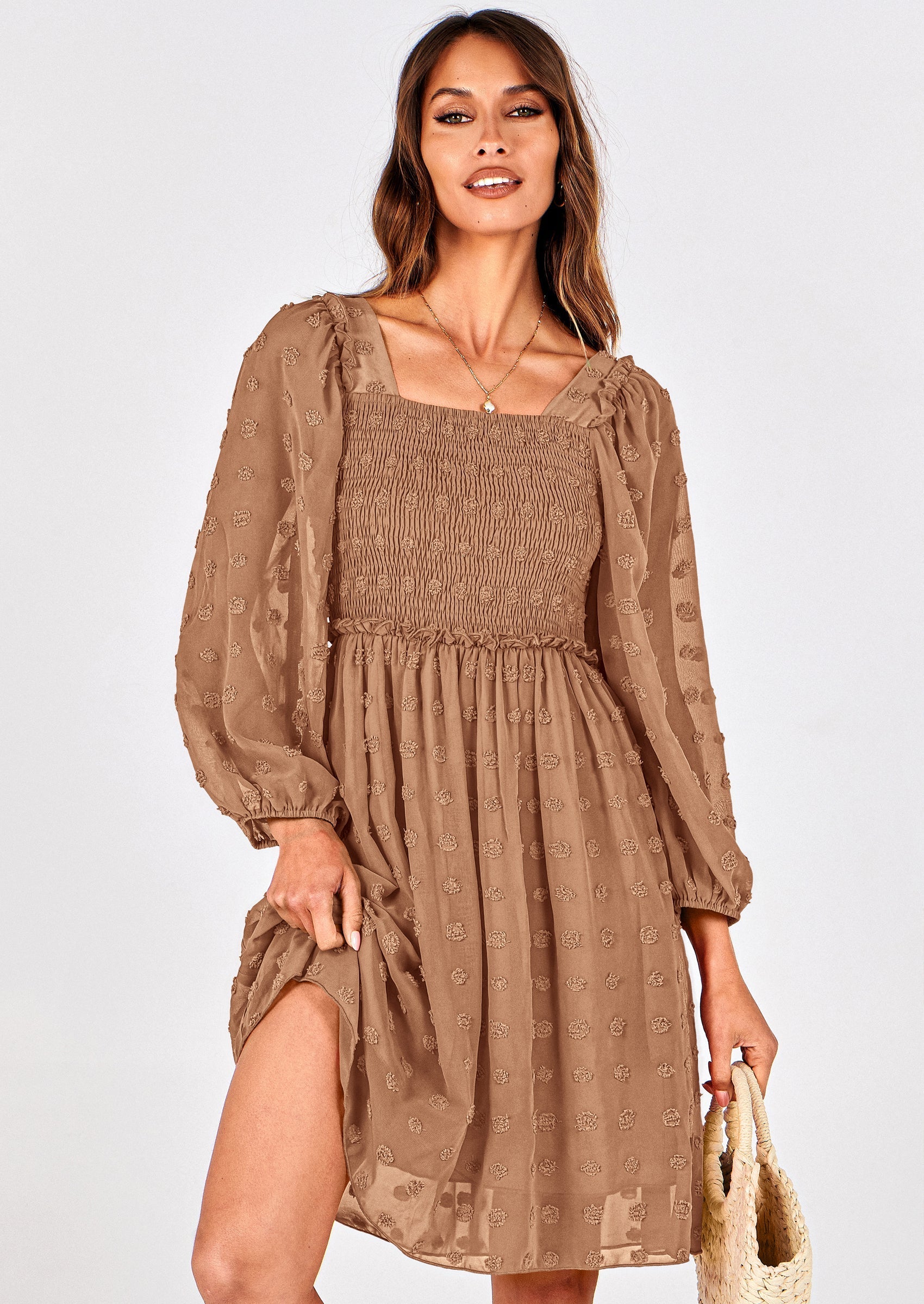 BTFBM Womens Long Sleeve Dress Vacation Square Neck Smocked Floral Swiss Dot Mini Boho Spring Wedding Guest Dresses