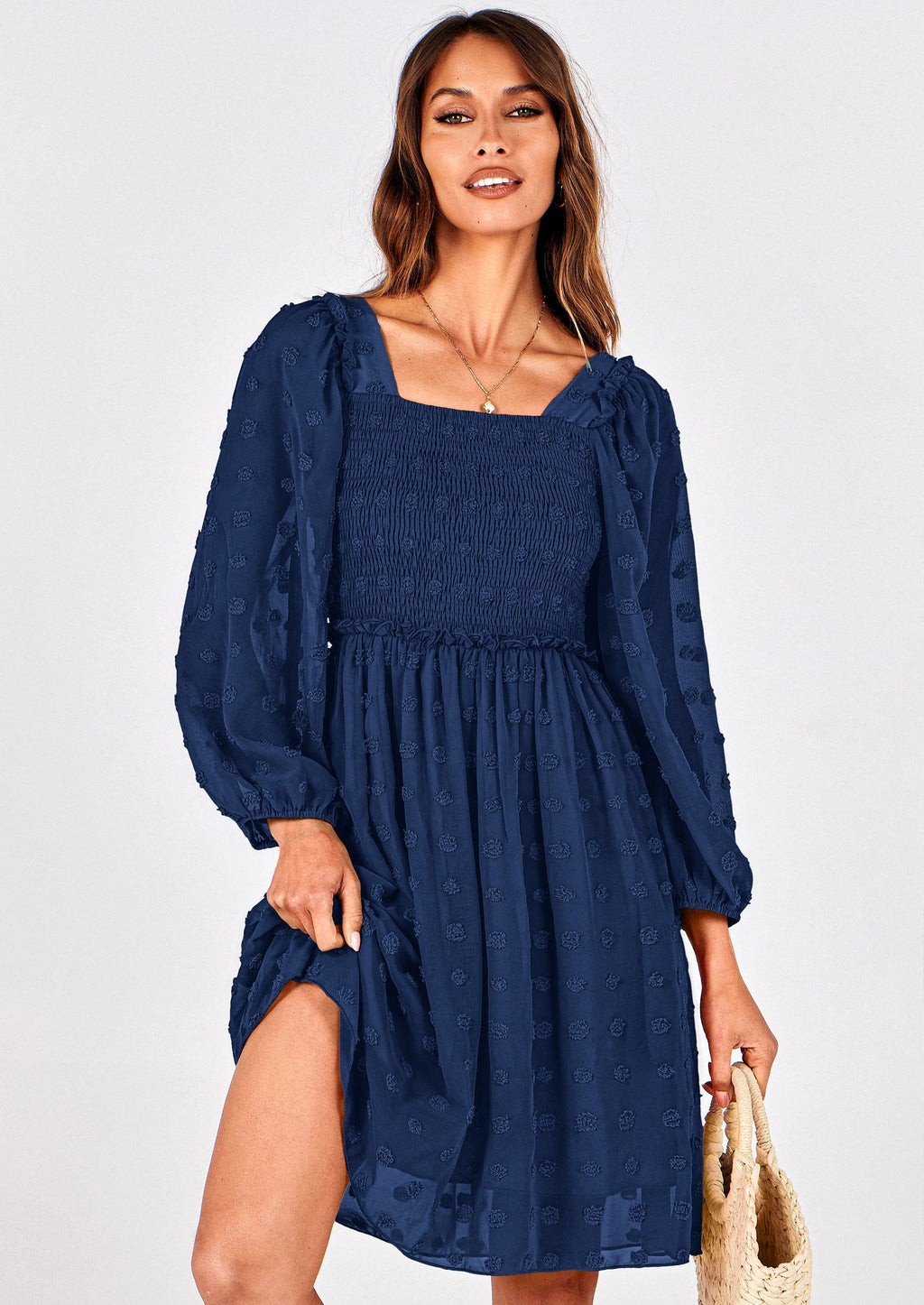 BTFBM Womens Long Sleeve Dress Vacation Square Neck Smocked Floral Swiss Dot Mini Boho Spring Wedding Guest Dresses