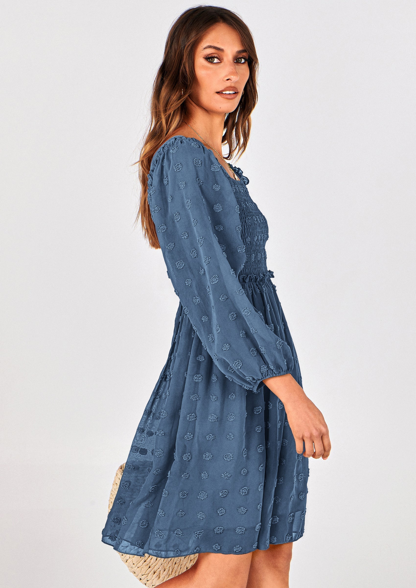BTFBM Womens Long Sleeve Dress Vacation Square Neck Smocked Floral Swiss Dot Mini Boho Spring Wedding Guest Dresses
