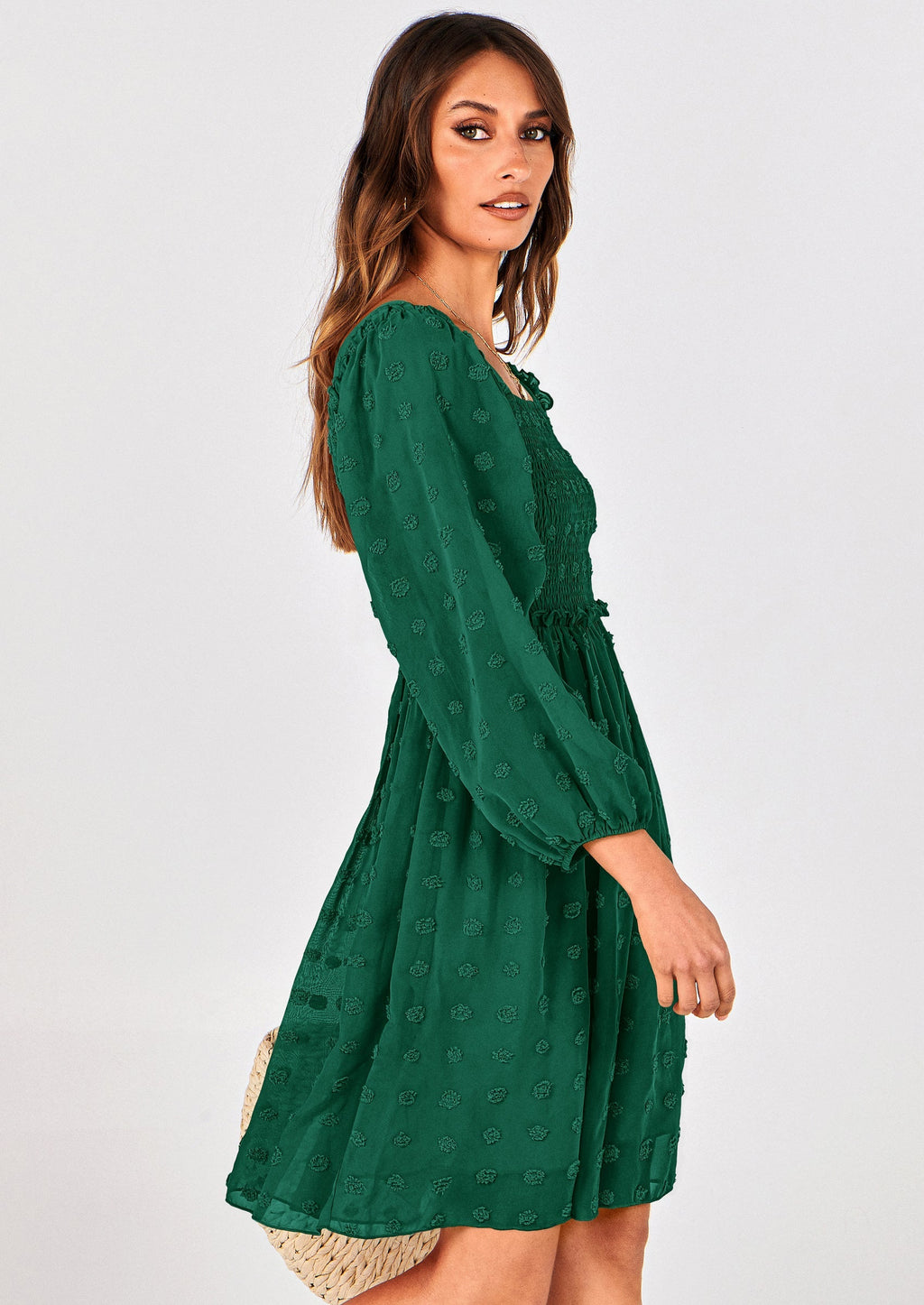BTFBM Womens Long Sleeve Dress Vacation Square Neck Smocked Floral Swiss Dot Mini Boho Spring Wedding Guest Dresses