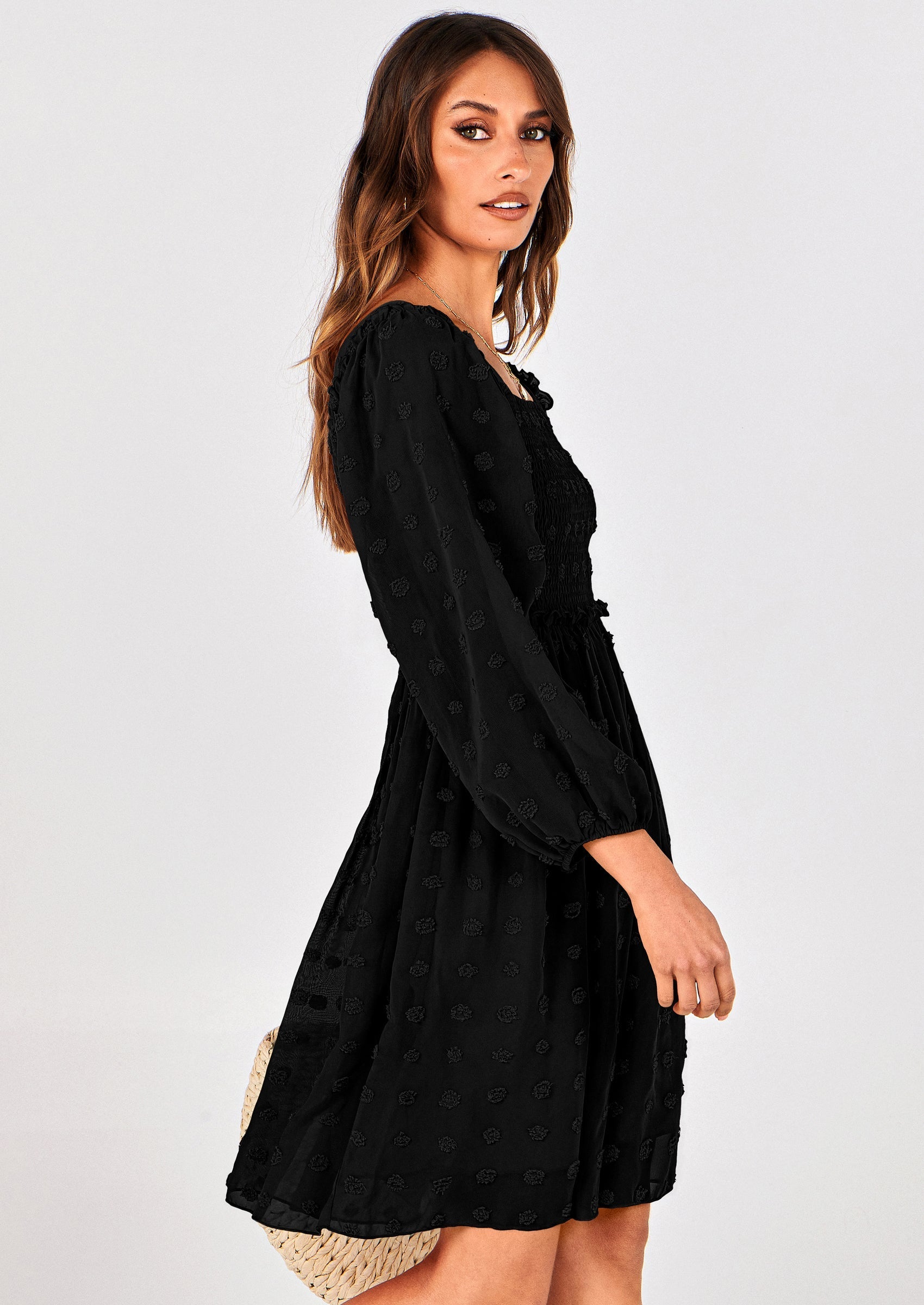 BTFBM Womens Long Sleeve Dress Vacation Square Neck Smocked Floral Swiss Dot Mini Boho Spring Wedding Guest Dresses