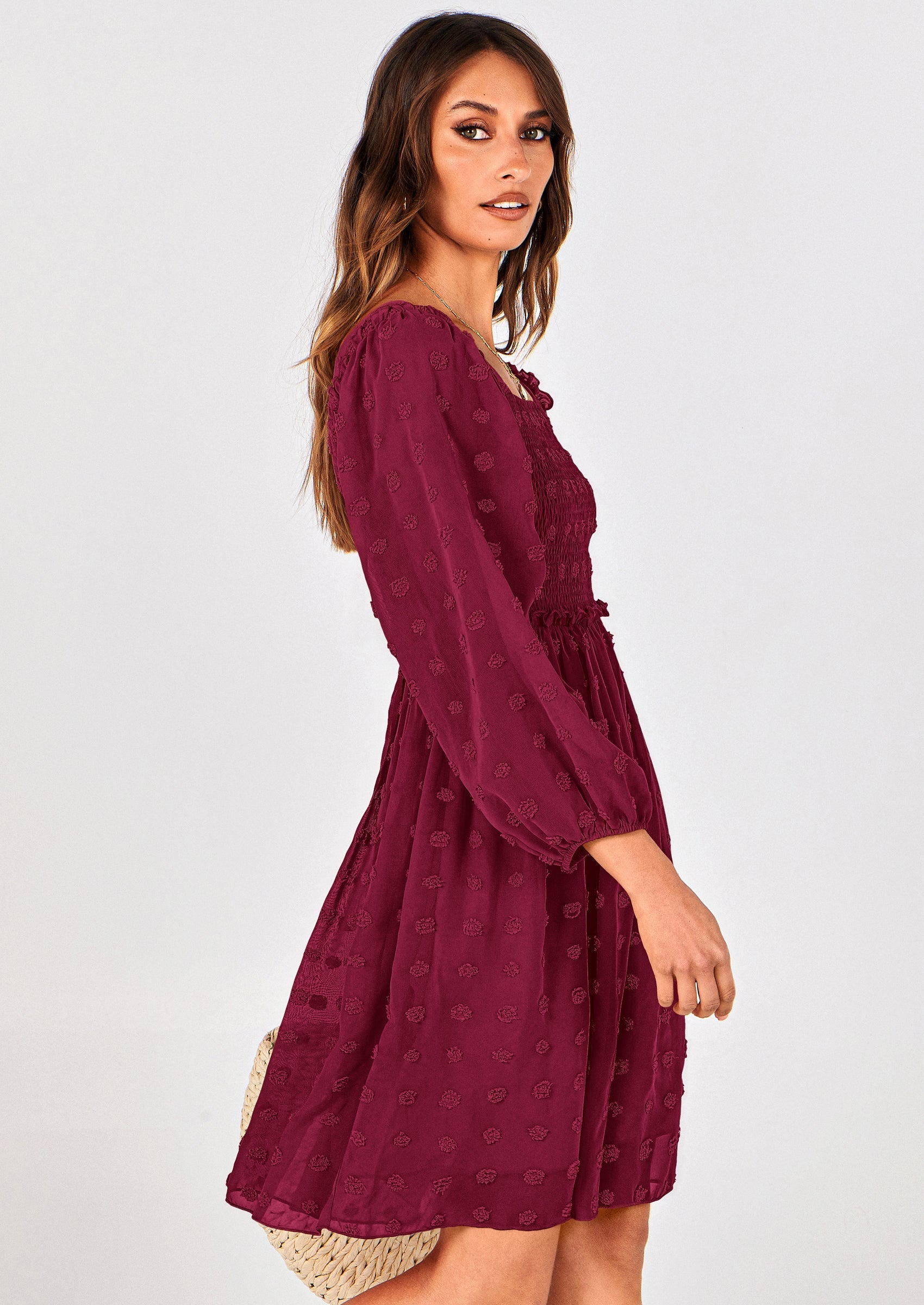 BTFBM Womens Long Sleeve Dress Vacation Square Neck Smocked Floral Swiss Dot Mini Boho Spring Wedding Guest Dresses